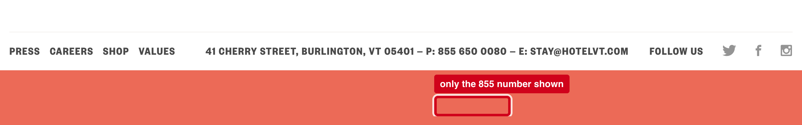 Screenshot: Your local 802 number is not on your home page